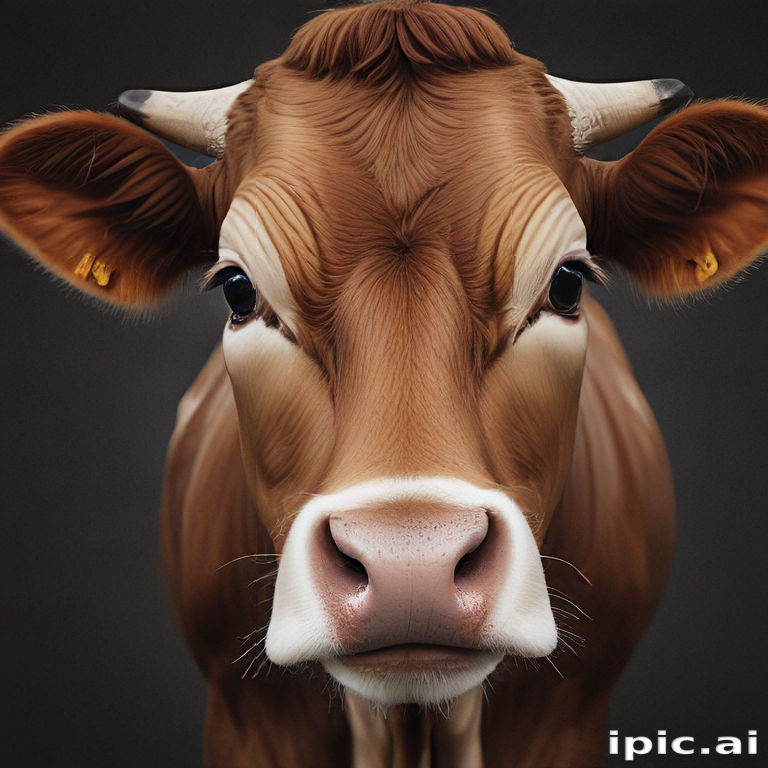 A Close-Up Portrait of a Curious Brown Cow Against a Dark Background