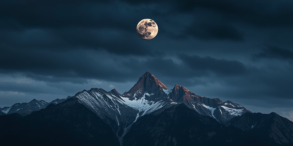 Create a high-resolution image of a dramatic mountain landscape under a moody sky with a large moon, using a DSLR camera with a 24mm lens, f/8 aperture, 1/125 sec shutter speed, ISO 100, taken from a low angle in soft natural light to emphasize depth.