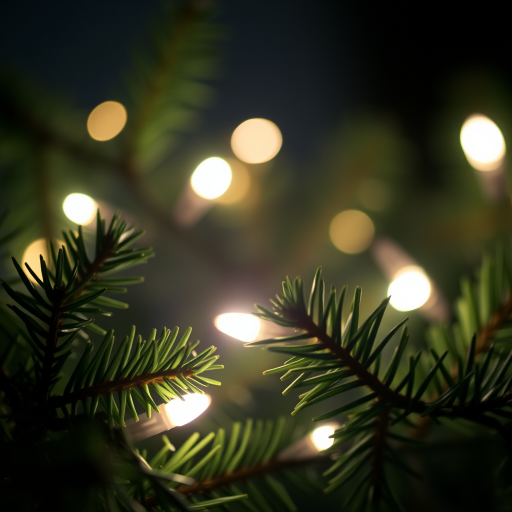 Create an image of a close-up view of evergreen branches adorned with soft glowing lights in a dark background creating a warm and festive atmosphere.