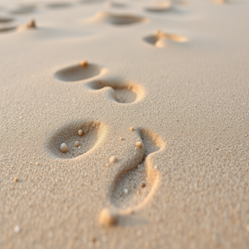 Close-up of textured beach sand with faint shadows and footsteps, soft natural lighting, focal length 50mm, aperture f/4, ISO 100, shot with a DSLR camera from a low angle.