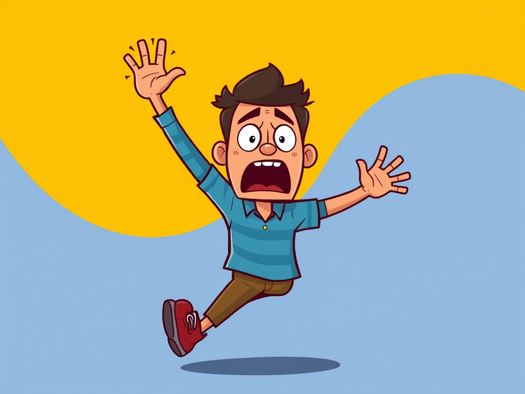 create a vector illustration of a frightened cartoon man running, arms raised in panic, with a surprised expression, use a bright color palette, ensure smooth lines and clear shapes, camera settings ISO 100, aperture f/4, shutter speed 1/250s, camera view close-up, camera style flat design, camera type digital