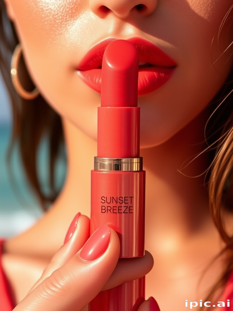 Vibrant coral "Sunset Breeze" lip color with a glossy finish, featuring subtle gold shimmer and a plumping effect, perfect for summer evenings and beach parties