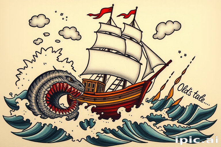 Traditional American tattoo named "Old Salt's Tale" depicting a bold ship battling stormy seas with a menacing sea serpent, using thick lines and limited color palette
