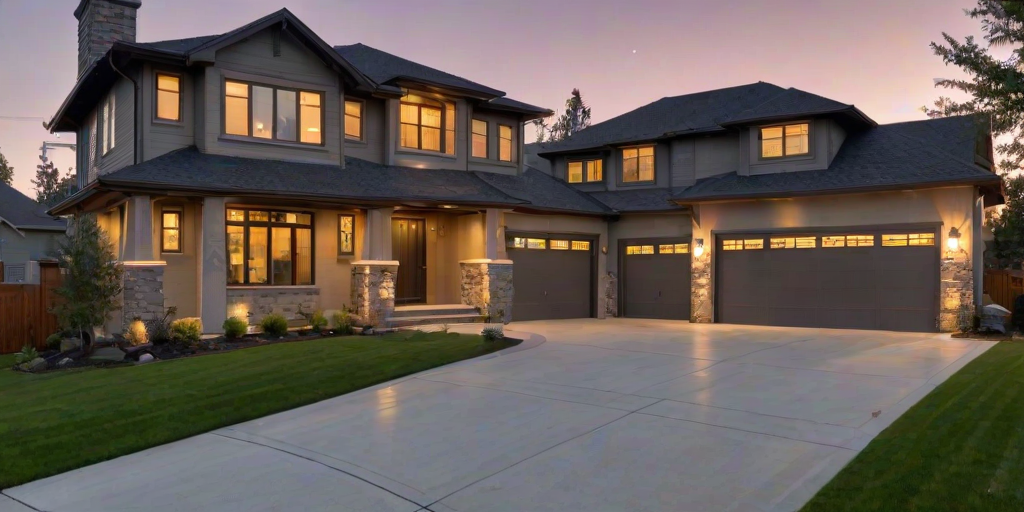 suburban house, dusk, modern architecture, two-story, garage doors, wet driveway, landscaped, front lawn, exterior lighting, clear sky, twilight hues, residential area, paved road, high dynamic range, wide angle, curb appeal, stone accents, window reflections, tranquil scene