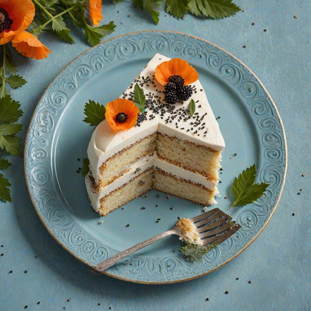 Generate an image of a slice of cake on a decorative plate. The cake is light in color with visible poppy seeds and has a creamy frosting. Surround the cake with orange slices and green leaves for a fresh presentation. Include a fork beside the plate and a soft blue background.