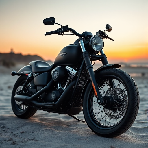 Create a hyper-realistic image of a matte black Harley-Davidson motorcycle parked on a sandy beach at sunset, using a DSLR camera with a 50mm lens, aperture f/1.8, ISO 100, shutter speed 1/250s, and a low angle perspective to enhance the details and depth.