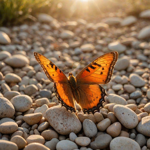 A vibrant orange and yellow butterfly with black markings is perched on a bed of small, brown pebbles in the warm, golden light of a setting sun. The butterfly is facing the viewer with its wings slightly raised, creating a sense of delicate movement. The background is a soft, blurred green and yellow, creating a gentle, natural atmosphere. The image is captured in a close-up perspective, focusing on the butterfly's intricate details and the warm glow of the sunlight.