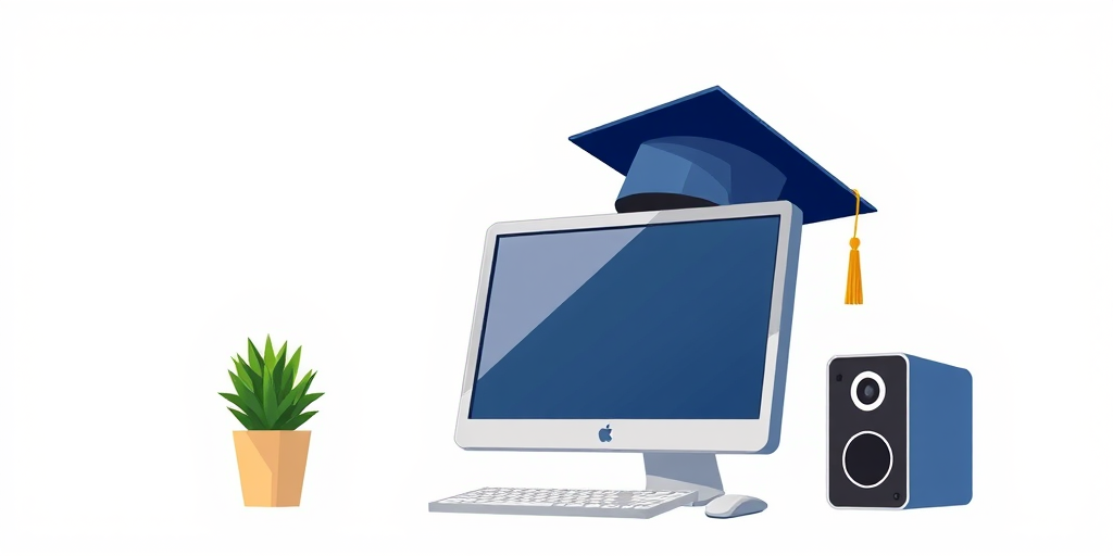 Create an illustration of a computer with a graduation cap on top, using a high-resolution style, 50mm lens, f/2.8 aperture, soft natural lighting, and a clean white background for clarity.