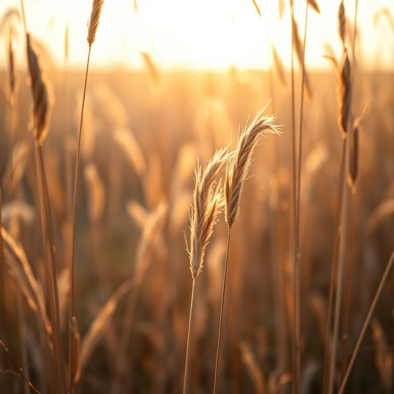 Capture a close-up shot of tall, dry grasses with a shallow depth of field, using a Canon EOS R5, aperture f/2.8, ISO 100, 50mm lens, natural lighting during golden hour for warm tones and enhanced texture.