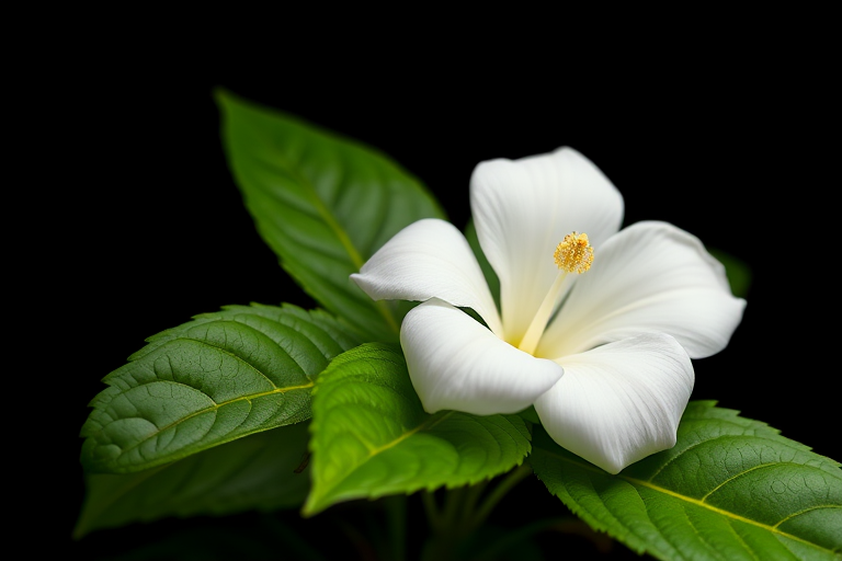 Create a hyper-realistic illustration of a white flower with a curled petal resting on vibrant green leaves, shot with a Canon EOS R5 at f/2.8, 50mm lens, high resolution, with soft diffused lighting and a black background for contrast.