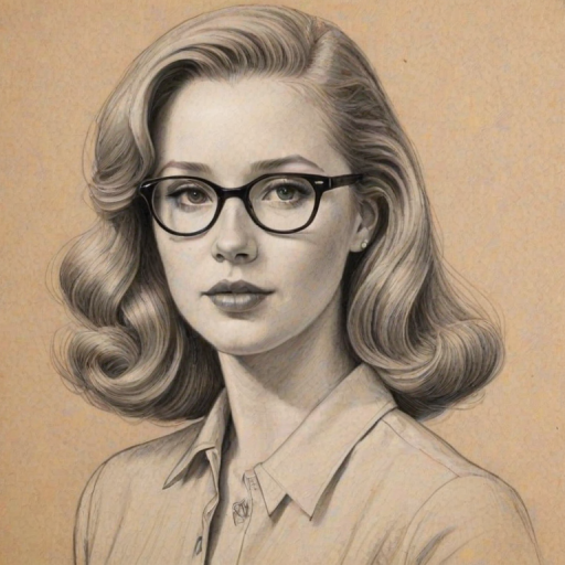 Wonderful Molly C. Quinn, pencil sketch, portrait of Beauteous woman 1953s in glasses, hair style beatnik, outline, clear lines, fine lines, 8k