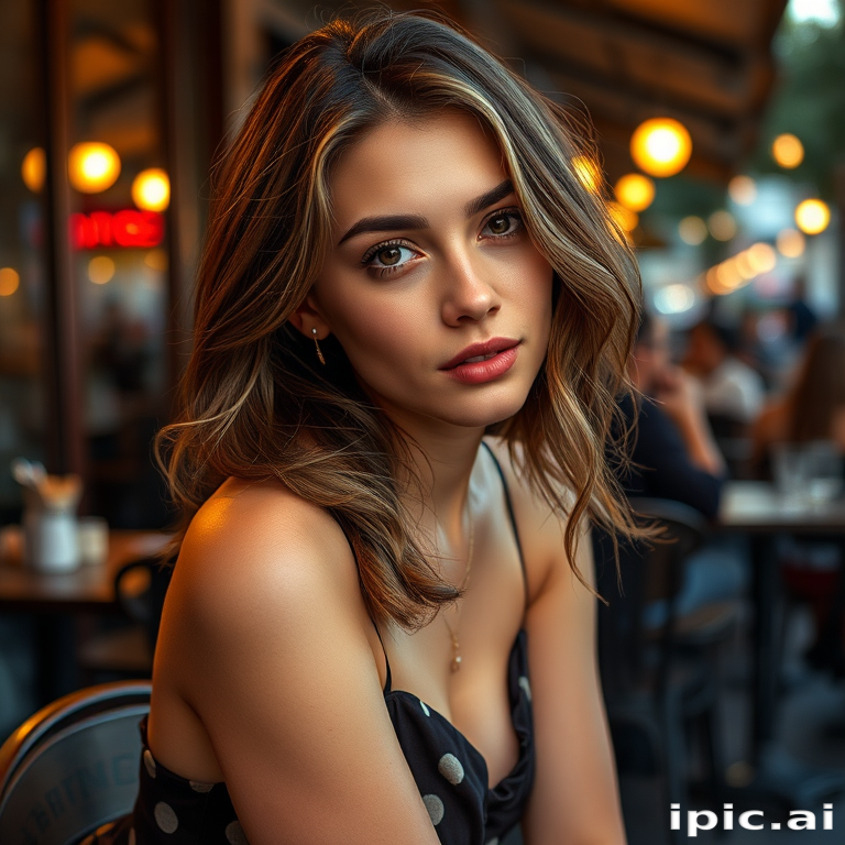 photo of young [woman:Ana de Armas:0.4], highlight hair, sitting outside restaurant, wearing dress, rim lighting, studio lighting, looking at the camera, dslr, ultra quality, sharp focus, tack sharp, dof, film grain, Fujifilm XT3, crystal clear, 8K UHD, highly detailed glossy eyes, high detailed skin, skin pores