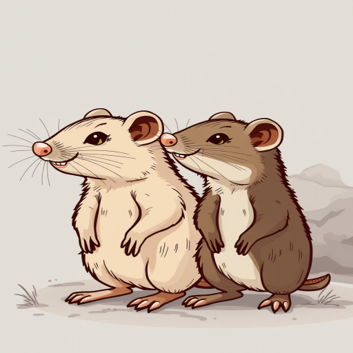 Create a high-resolution illustration of two cartoonish shrews standing in profile, detailed with dynamic lines and expressive features, captured with a Canon EOS R5 at f/8, ISO 100, 50mm lens, soft natural lighting, and a slight upward angle for depth.