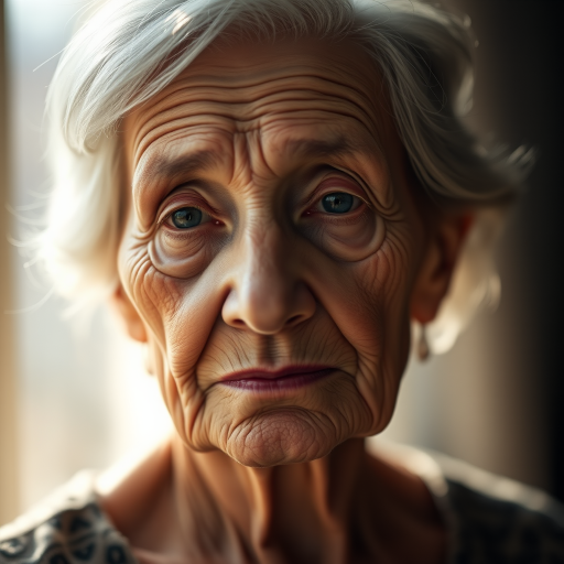 portrait of an elderly woman with soft lighting, rich textures, and subtle color tones, captured with a 50mm lens, f/1.8 aperture, ISO 200, natural light, shallow depth of field, on a digital mirrorless camera