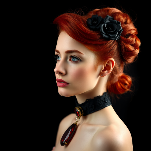 A young woman with bright red hair styled in a voluminous updo adorned with black floral accents, wearing a black choker with a large red gemstone pendant, looks off to the side with a slightly pensive expression, her face softly lit against a dark background.  The image is composed as a portrait, shot from a close-up perspective, with the subject filling most of the frame.  The woman's skin appears fair and flawless, with a subtle glow.  The overall atmosphere is elegant and slightly dramatic.