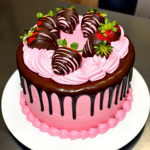 A beautifully decorated chocolate and strawberry cake featuring a smooth pink frosting adorned with swirls of pink icing and topped with chocolate-covered strawberries, drizzled with chocolate ganache, sitting on a white plate.