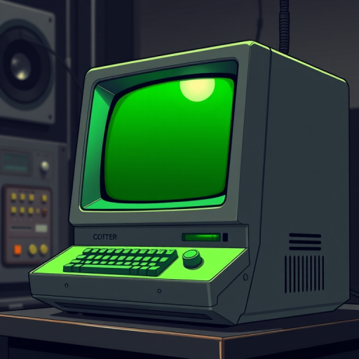 Create a highly detailed illustration of a retro computer terminal with a glowing green and black screen, featuring an angled view, using a DSLR camera with a 50mm lens, aperture set to f/1.8, ISO 100, and a shallow depth of field to enhance image quality.