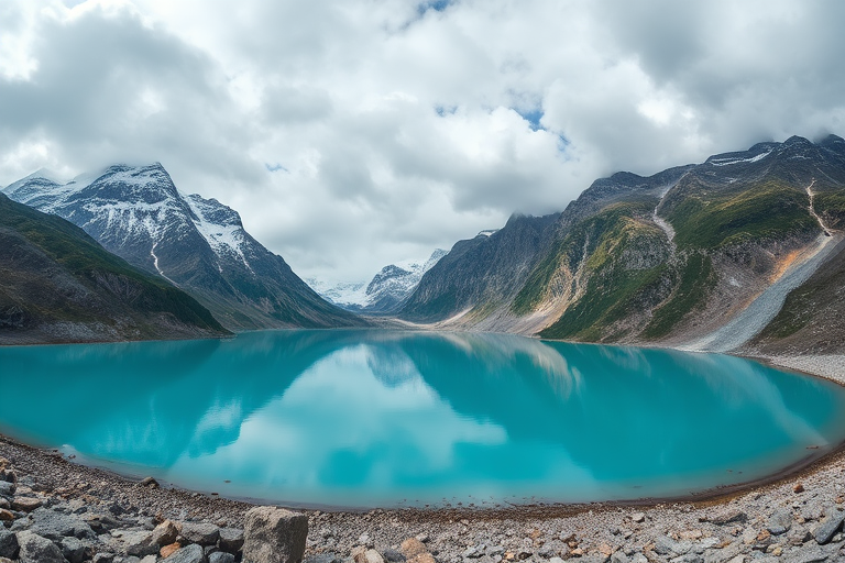 capture a breathtaking landscape of a turquoise glacial lake surrounded by rugged mountains and cloudy skies, use a wide-angle lens at 24mm, aperture f/11 for sharp depth of field, ISO 100 for image clarity, and shoot in RAW format for high quality details