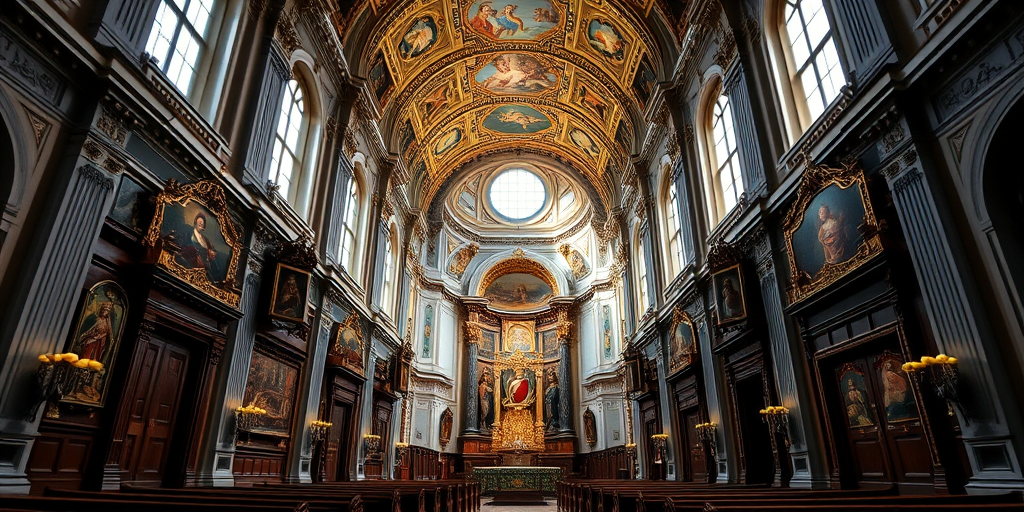 Interior of a Baroque church with ornate decorations, high ceilings, and beautiful artwork, taken with a DSLR camera, aperture f/8, ISO 100, shutter speed 1/60 sec, wide-angle view, natural lighting.