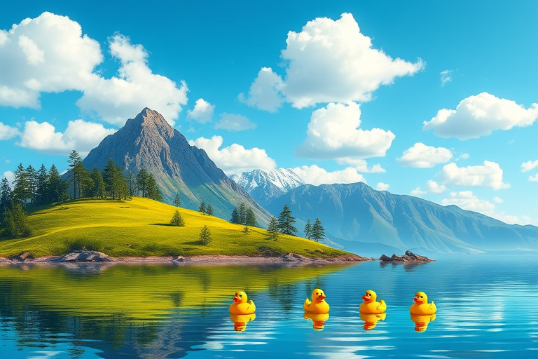 create a vibrant vector landscape illustration of a serene island with green hills, pine trees, brown mountains with snow caps, a clear blue sky, fluffy white clouds, and a small group of yellow rubber ducks floating in the water, use a wide-angle lens, with a high-resolution setting, vibrant color saturation, and sharp focus to enhance the details and overall quality of the image.