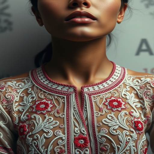Face, shoulders, chest covered in openwork Pakistani embroidery. Raw, unedited image.