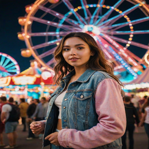 Bustling carnival at night, with bright lights and colorful tents, a woman in a denim jacket stands in front of a Ferris wheel, cotton candy in hand, her eyes lit with excitement.