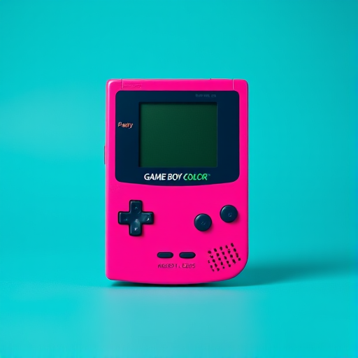 Create an image of a Game Boy Color in vibrant pink against a teal background, focus on a high-resolution close-up shot, use a Canon EOS R5 camera, set aperture to f/2.8, ISO 100, shutter speed 1/125s, employ a macro lens for detail enhancement.