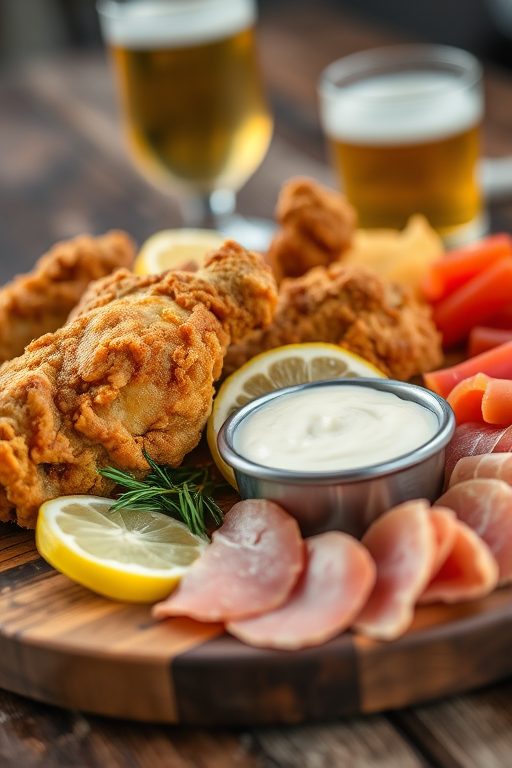Close-up shot of a wooden platter with crispy fried chicken, lemon slices, assorted cold cuts, and a bowl of creamy dip, with a glass of beer in the background, soft focus on the edges, aperture f/2.8, ISO 100, 50mm lens, natural lighting.