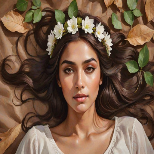 create a watercolor painting of an ethereal portrait of beautiful Pakistani woman with a simple white flower crown on her head. Her hair is long and she is lying on the ground. The sunlight on the trees casts shadows from the leaves on her face and body. The background is a neutral brown color that matches her skin tone. The image is minimalist and solid colors. This style is characterized by soft, delicate brushstrokes and a light, airy, contrasting color palette. High level of detail and play of light
