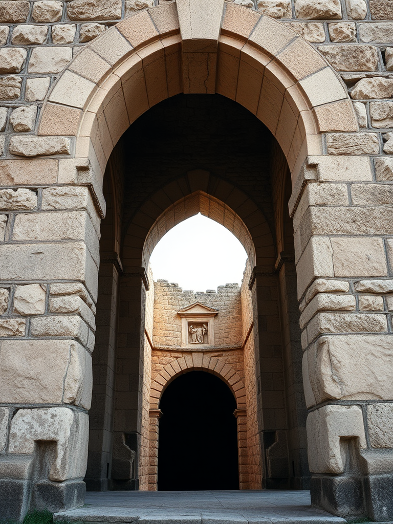 Capture a high-resolution image of an old stone archway with a deep black void beyond, utilizing a DSLR camera with a 24mm lens, aperture setting at f/8, ISO 100, 1/200 sec shutter speed, taken from a low angle to emphasize depth and texture, in natural daylight for enhanced clarity.