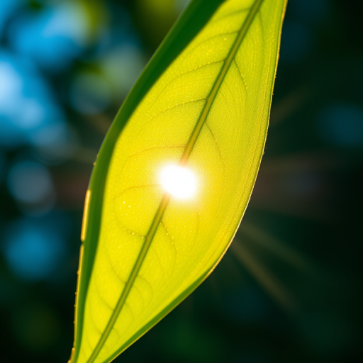 photograph of a green leaf backlit by sunlight, shallow depth of field, ISO 100, f/2.8 aperture, 50mm lens, macro perspective, DSLR camera, natural lighting, high resolution