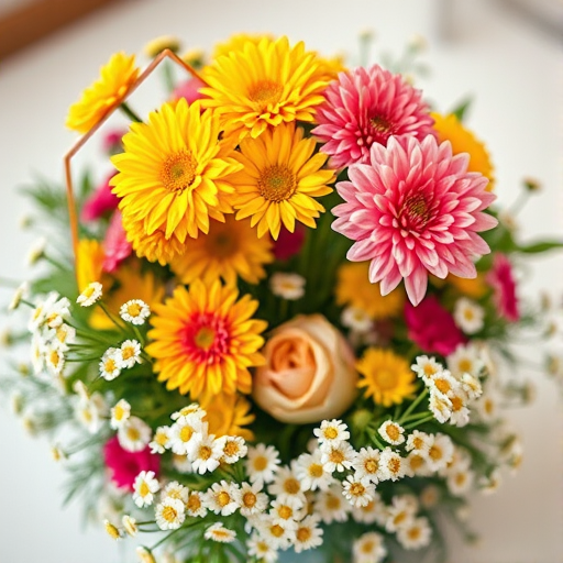 Create a vibrant floral arrangement featuring a whimsical house outline, with colorful flowers including yellow and pink blooms, surrounded by smaller white flowers, captured with a DSLR camera, 50mm lens, f/2.8 aperture, ISO 100, natural light, shallow depth of field.
