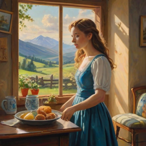 In "A Glass of Beer on the Highland," a serene scene is depicted in a sunlit room where a woman in a vibrant blue dress stands by a large window. She holds a tray with a hearty meal and a frothy glass of beer, embodying a moment of relaxation. Outside, the breathtaking highland landscape features rolling green hills and a charming traditional house, all bathed in warm afternoon light. The interior is adorned with potted plants, creating a harmonious blend of comfort and nature. The painting beautifully captures the tranquility and joy found in simple pleasures amidst stunning scenery