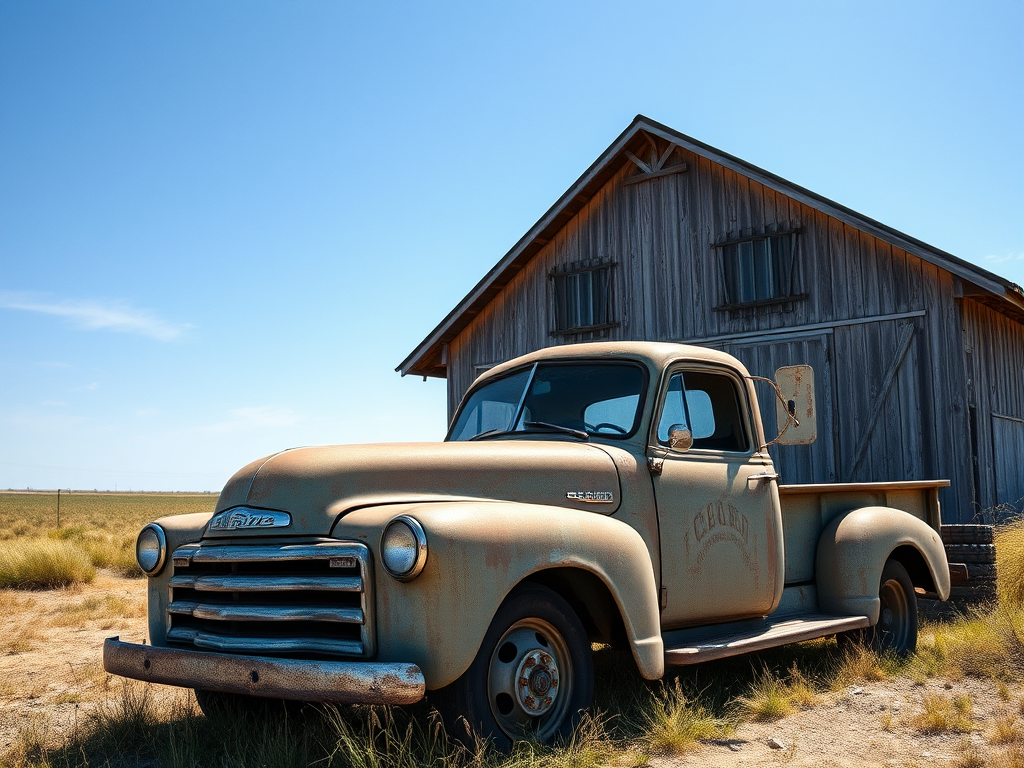 regenerate an image of a rustic, dilapidated old truck in front of a weathered barn under a bright blue sky, captured with a DSLR camera at ISO 100, f/8 aperture, 1/250 sec shutter speed, with a wide-angle lens to enhance depth and detail in a soft focus style