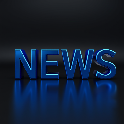 Create a three-dimensional graphic featuring the word "NEWS" in bold, reflective blue letters with a stylized left-pointing arrow, set against a smooth black background, use a Canon EOS R5 camera with a 24-70mm f/2.8 lens, aperture set to f/8, ISO 100, shooting in a low-angle view to emphasize the reflection on the surface.