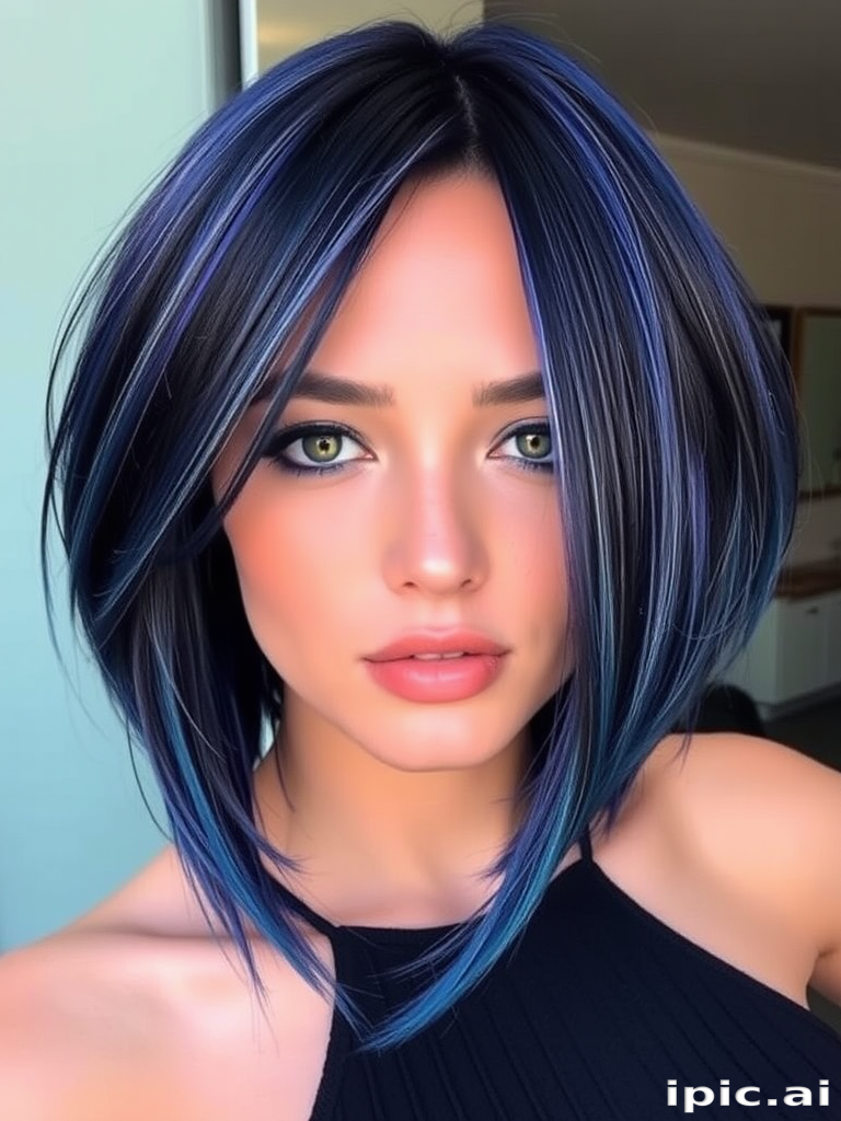 Striking model showcases Midnight Galaxy locks, a mesmerizing blend of deep blue and purple hues with silver streaks resembling stars, styled in a sleek asymmetrical bob cut