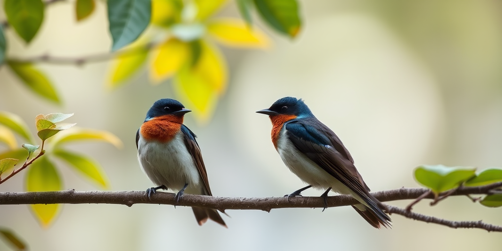 photograph two swallows perched on a branch with lush green leaves in a blurred natural background, shot with a Canon EOS R5, 85mm lens, aperture f/2.8, shutter speed 1/250s, ISO 200, using a soft focus effect for a dreamy look