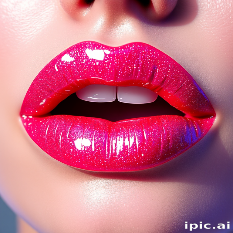 Glossy clear lips with holographic sparkle, ultra-reflective shine, plumping effect for enhanced volume, futuristic Crystal Prism Gloss style
