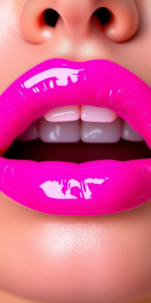 Glossy neon pink lips with a high-shine finish, dubbed "Electric Bubblegum," display a vibrant, attention-grabbing color and ultra-reflective surface