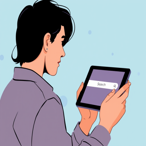 Create a vector-style illustration of a person holding a tablet showing a search bar, set against a light blue background with abstract shapes, using a Canon EOS 5D Mark IV with a 50mm lens at f/1.8, ISO 100, and a shallow depth of field for enhanced focus on the tablet.