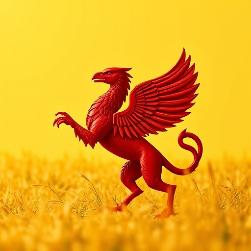 Generate a high-resolution digital artwork of a red griffin rampant on a yellow field, using a Canon EOS 5D Mark IV with a 50mm lens, f/8 aperture, ISO 100, capturing in bright natural light and sharp focus to enhance details and colors.