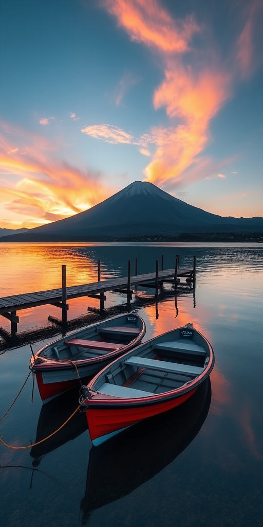 capture a serene lakeside scene featuring boats docked near a wooden pier with a majestic volcano in the background during sunset, using a Canon EOS R5 with a 24-70mm f/2.8 lens, ISO 100, aperture f/8, shutter speed 1/125s, in landscape mode for maximum depth of field and vibrant colors