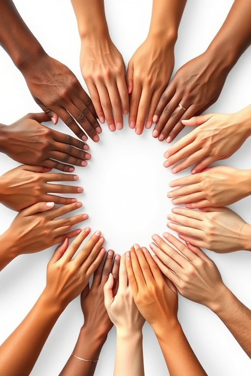 create an illustration of diverse hands forming a circular shape against a white background using a DSLR camera with a 50mm lens, f/2.8 aperture, ISO 100, 1/250 sec shutter speed for sharp detail and vibrant colors, with a focus on the textures and skin tones of the hands