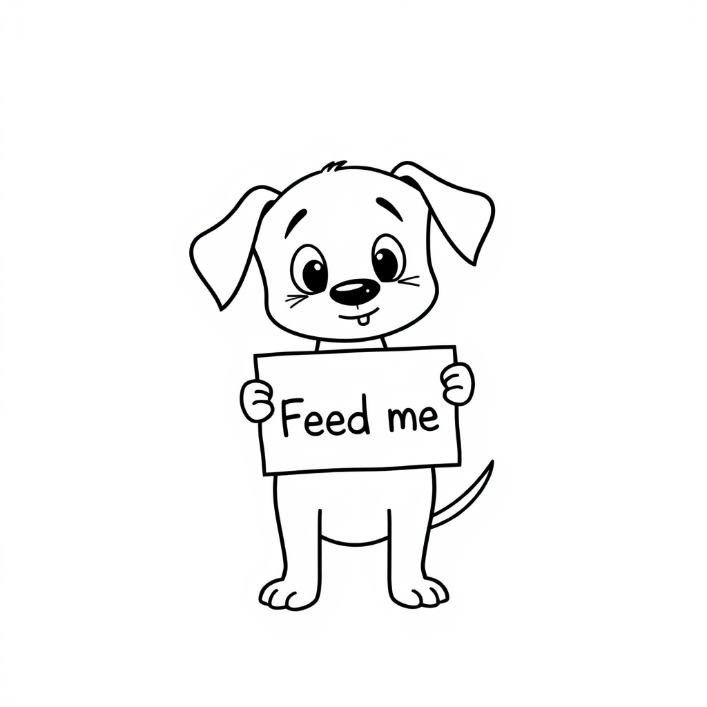 A minimalist cartoon of a PUPPY standing on a blank white background, holding a sign that simply says, 'Feed me.' The puppy is drawn with just a few lines: big eyes, whiskers, floppy ears, and a straight tail, giving it a comically desperate expression.