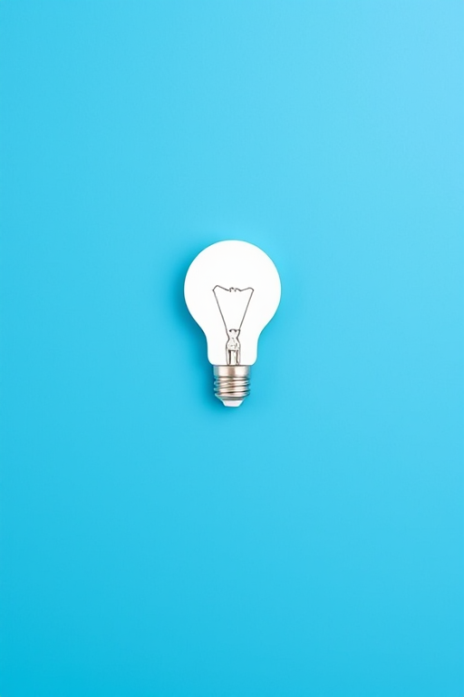 Create a high-resolution minimalist design featuring a white light bulb icon on a solid blue background, using a DSLR camera at f/2.8, ISO 100, 50mm lens, with a flat lay view and natural lighting style.