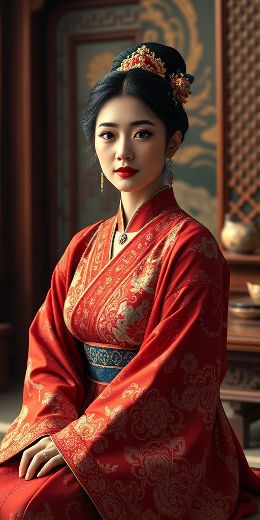 A beautiful woman in traditional East Asian attire, intricately detailed with embroidered patterns, sitting gracefully in a richly decorated room, soft ambient lighting, serene and elegant, ultra-realistic, 8K resolution