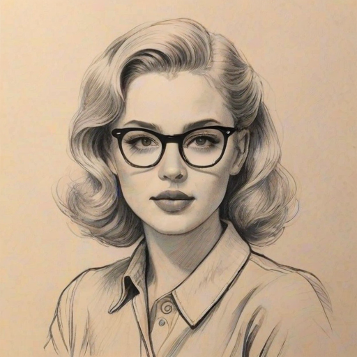 Wonderful Emily Alyn Lind, pencil sketch, portrait of Attractive woman 1945s in glasses, hair style beatnik, outline, clear lines, fine lines, 8k