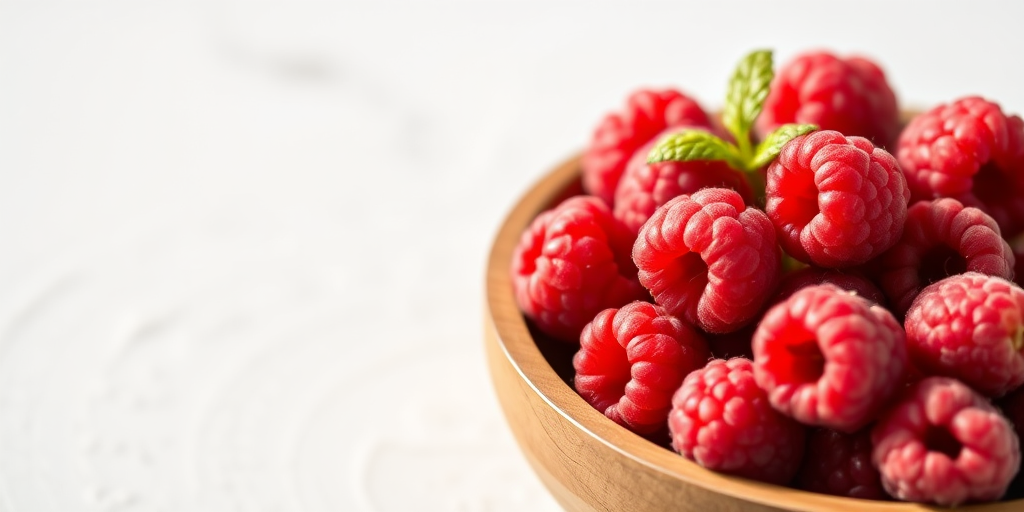 a close-up shot of fresh, vibrant red raspberries in a wooden bowl on a textured white surface, natural lighting, aperture f/2.8, ISO 100, 50mm lens, shallow depth of field, DSLR camera