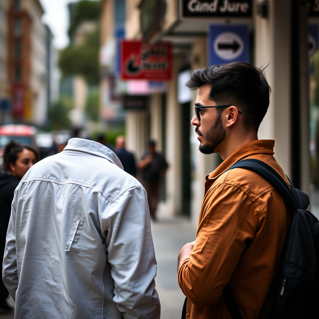 Regenerate the image of two people in conversation on a city street, using a DSLR camera with a focal length of 50mm, aperture set to f/2.8, ISO 100, natural lighting, shallow depth of field, and vibrant colors to enhance image quality.