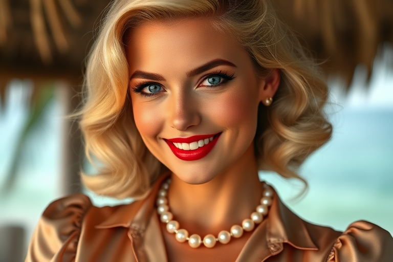 A beautiful Tahitian woman reminiscent of 1950s Hollywood glamour, with perfectly styled blonde hair and a seductive smile, dressed in a satin blouse and adorned with pearls, soft and warm tones, photorealistic, 8K